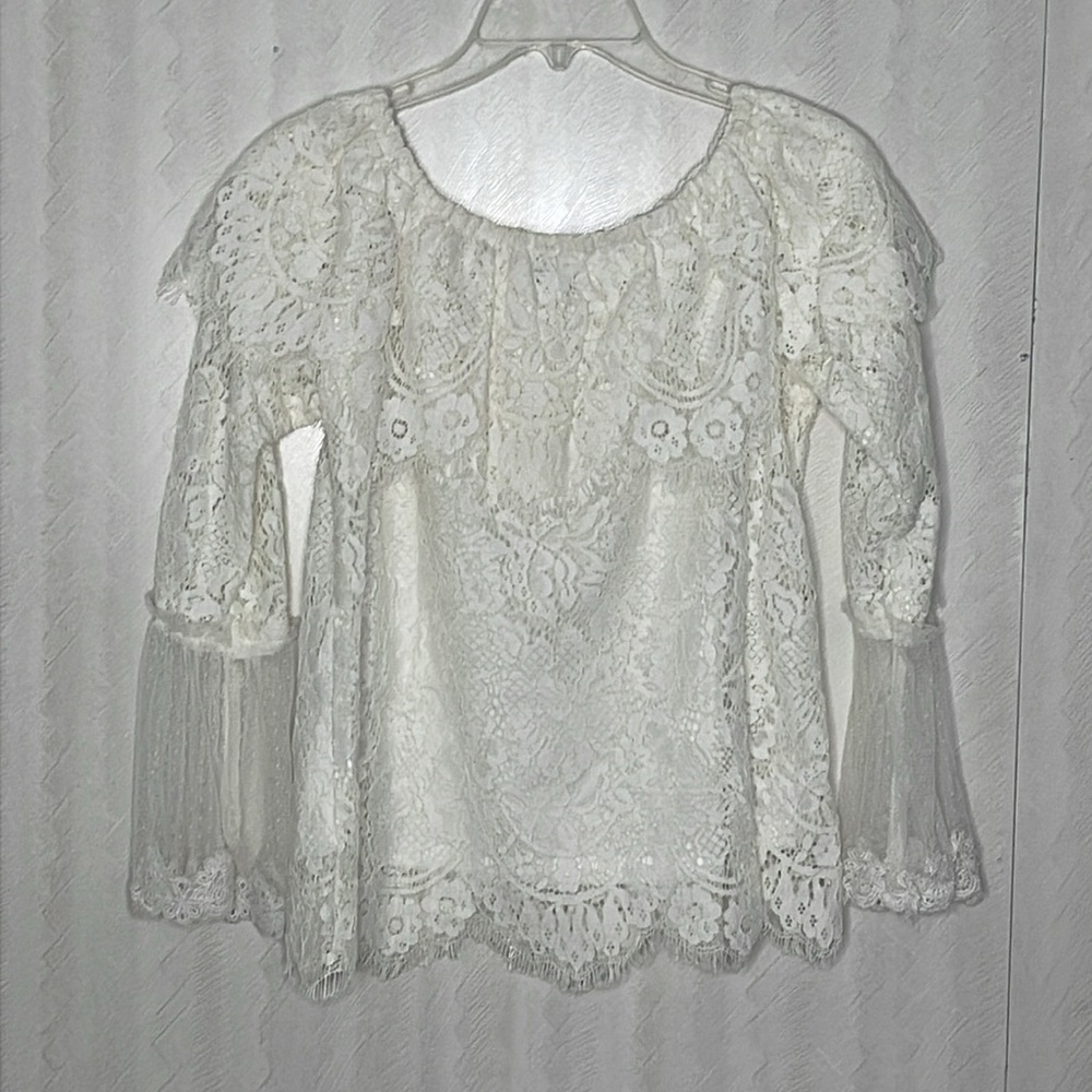 ❤️ 🆕 WHY DRESS Elegant off shoulder White Lace Women's Top With Bell Sleeves M - Picture 3 of 5